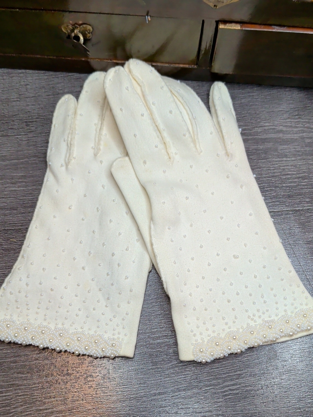 Vintage 1960s Women's White Short Dress Gloves Beaded Scalloped Formal Wedding